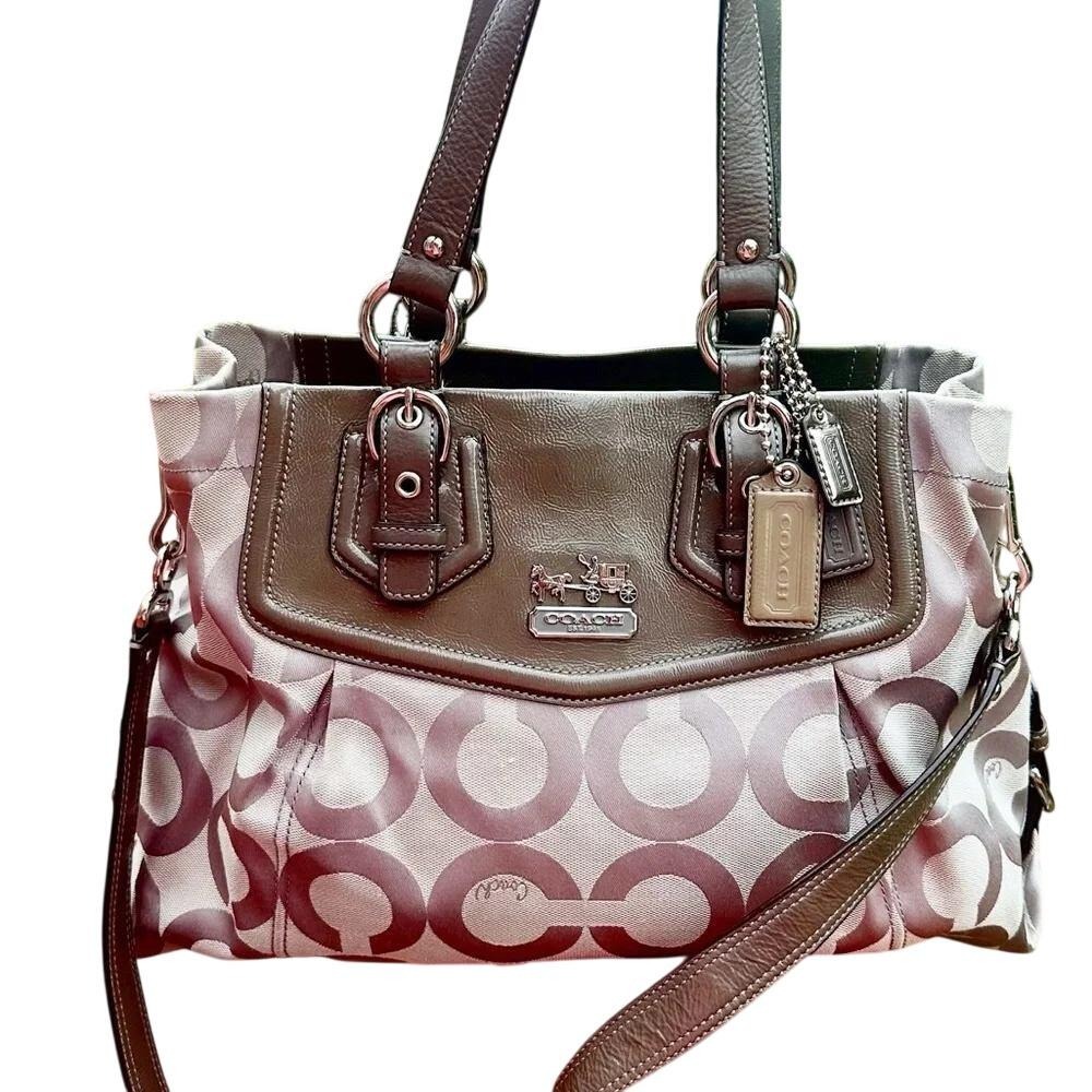 Coach Poppy Signature Sateen Lurex Glam Tote Grey Olive Green Handbag Crossbody